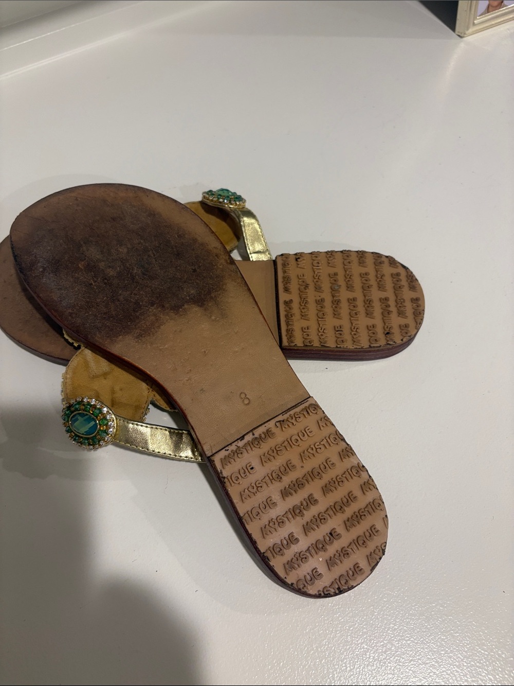 Mystique Boutique Gold Sandals with Green Gem Accents - Picture 5 of 5